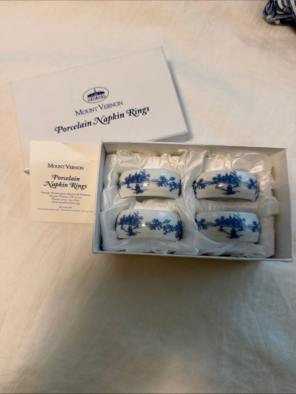 Mount Vernon Porcelain Blue & White Napkin Rings - Set of 4